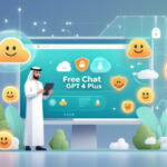 Человек с планшетом у экрана с надписью "Free Chat GPT 4 Plus", окружён смайлами.