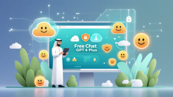 Человек с планшетом у экрана с надписью "Free Chat GPT 4 Plus", окружён смайлами.