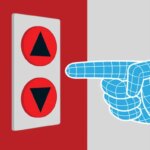 Рука с цифровым эффектом нажимает на кнопку вызова лифта.