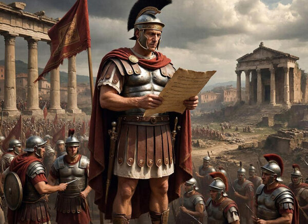 Древнеримский воин зачитывает свиток на фоне античных колонн и солдат.