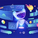 Иллюстрация робота в окружении графиков и символов на синем фоне.