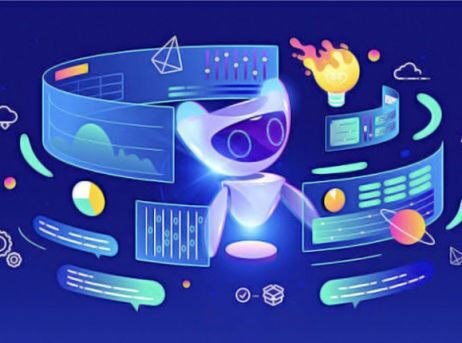 Иллюстрация робота в окружении графиков и символов на синем фоне.