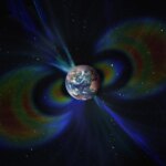 Планета Земля с магнитными полями в космическом пространстве, цветные линии и звезды.