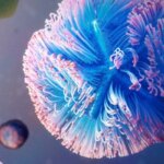 Абстрактное изображение синих и розовых форм под микроскопом, напоминающих микробы.