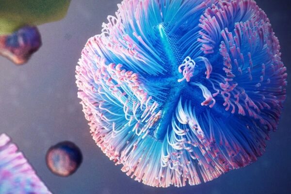 Абстрактное изображение синих и розовых форм под микроскопом, напоминающих микробы.