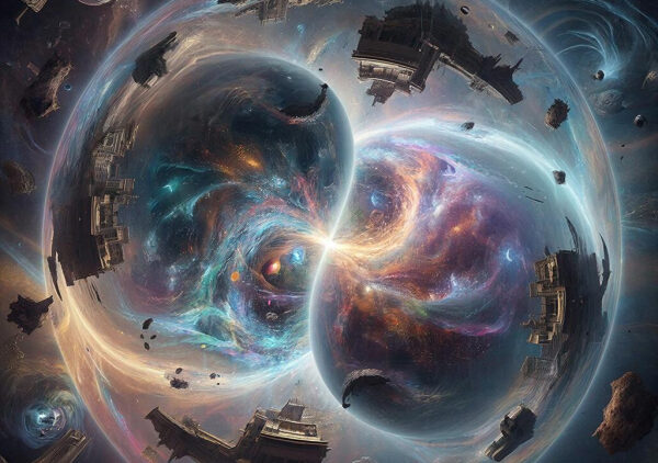 Фантастическая вселенная с галактиками, звёздами и парящими космическими объектами.