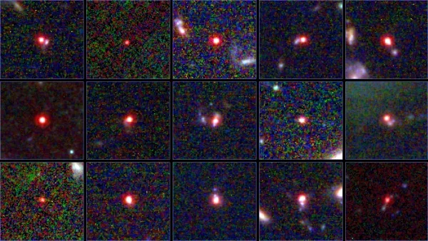 «Прекрасная неразбериха» первого миллиарда лет предстает во всей красе. 7 Массив из 3 на 5 изображений, полученных с помощью телескопа, с яркими красными точками в центре.