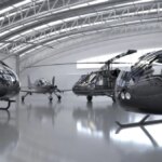 Вертолеты в современном ангаре, блестящая отделка, высокие потолки, индустриальный стиль.