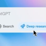 Интерфейс ChatGPT с иконкой поиска и кнопкой "Deep research" на синем фоне.