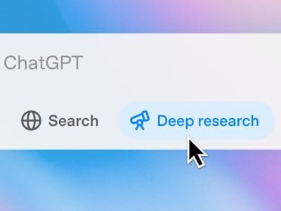 Интерфейс ChatGPT с иконкой поиска и кнопкой "Deep research" на синем фоне.