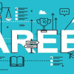 Карьера: символы успеха и достижения целей на голубом фоне. Профессиональное развитие.