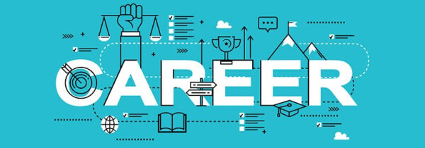 Карьера: символы успеха и достижения целей на голубом фоне. Профессиональное развитие.