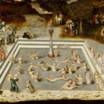 Картина: люди купаются в фонтане, сцена на фоне деревьев и дороги.