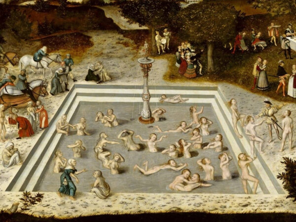 Картина: люди купаются в фонтане, сцена на фоне деревьев и дороги.