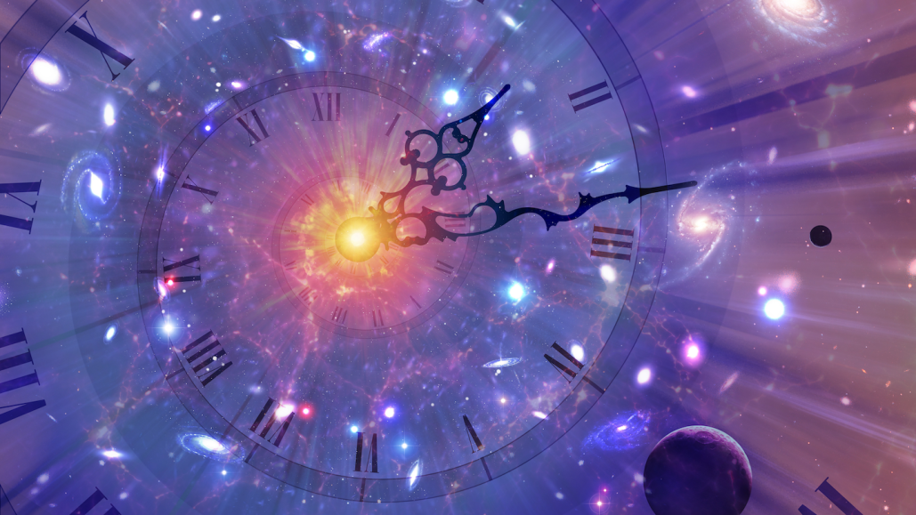Космические часы на фоне галактики, иллюстрация времени, вселенная.