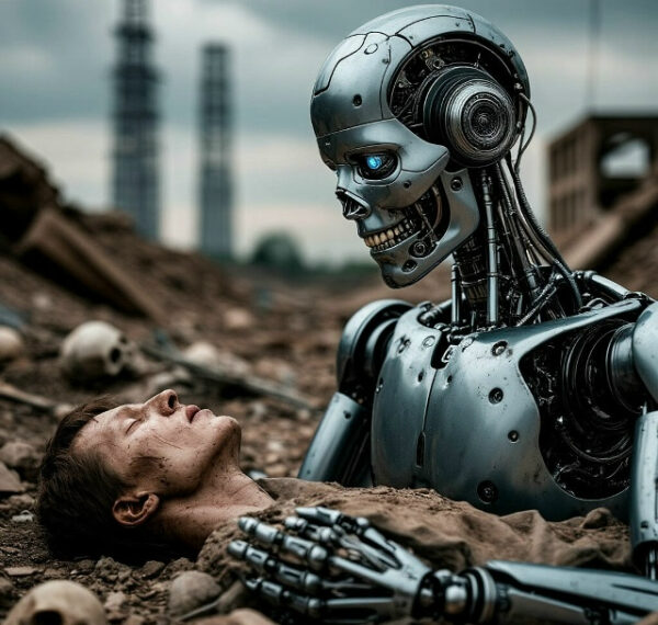 Скелет робота на руинах рядом с человеком в постапокалиптическом пейзаже.