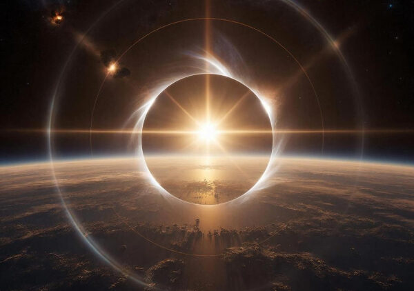 Солнечное затмение с эффектным светом над горизонтом Земли, космическая тема.