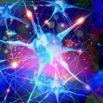 Абстрактные нейроны и синапсы на красочно сияющем фоне, концепция мозга и сети.