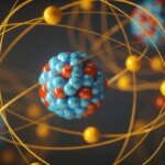 Модель атома с ядром и орбитами электронов, научная иллюстрация.