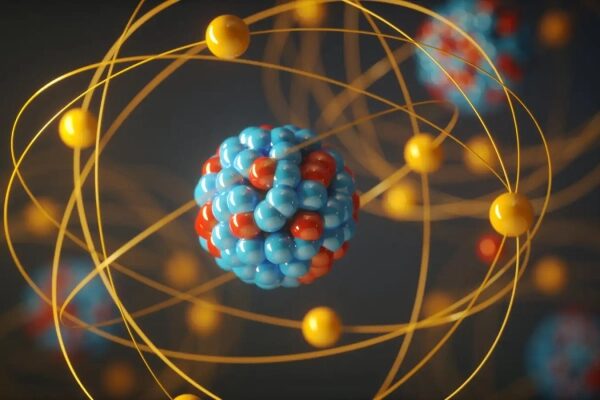 Модель атома с ядром и орбитами электронов, научная иллюстрация.