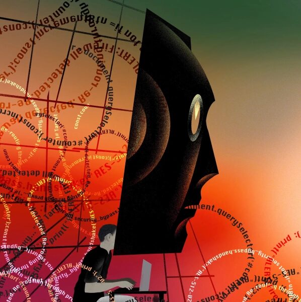 Человек сидит в профиль за компьютером, перед ним огромная маска, а в кадре разворачиваются слова.