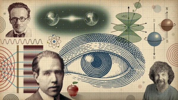 Коллаж на тему квантовой физики с изображениями ученых и научными символами.