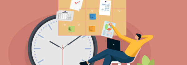 Человек работает с документами и графиками на фоне больших часов и доски с заметками.