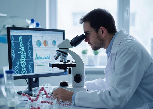 Ученый в лаборатории работает с микроскопом, анализируя данные на компьютере.