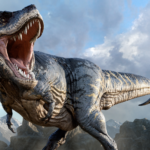 Тираннозавр с открытой пастью на фоне гор и облаков.