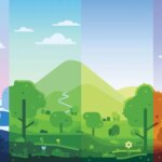 Иллюстрация смены сезонов: зима, весна, лето, осень, природа, деревья и холмы.