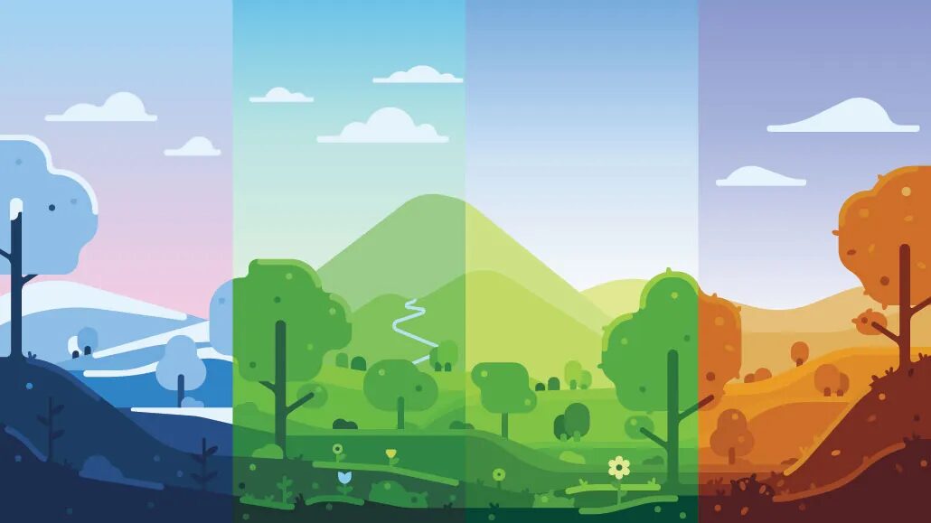 Иллюстрация смены сезонов: зима, весна, лето, осень, природа, деревья и холмы.
