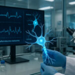 Лаборатория: учёный держит модель нейрона, на экране визуализация волн мозга.