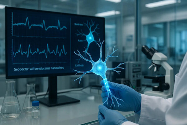 Созданы светоизлучающие искусственные нейроны для систем искусственного интеллекта 2 Лаборатория: учёный держит модель нейрона, на экране визуализация волн мозга.