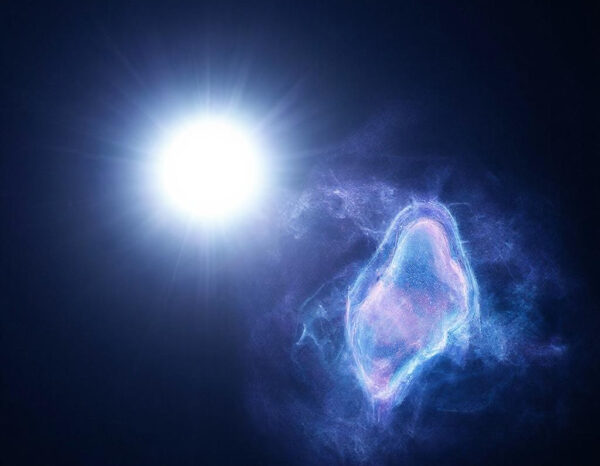 Космос: яркое светило и голубая туманность на тёмном фоне.