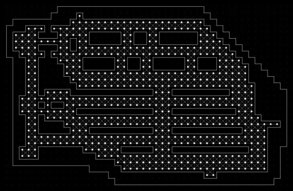 Изометрическая схема с линиями и узорами на черном фоне, напоминает план здания.