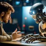 Человек общается с роботом за столом в футуристическом офисе.