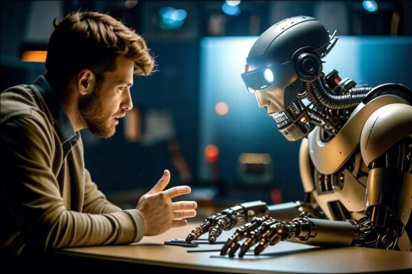 Человек общается с роботом за столом в футуристическом офисе.