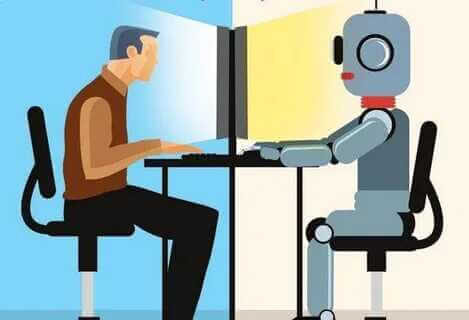 Я полюбил беседовать с ИИ 2 Человек и робот за компьютерами, символизируют взаимодействие и технологии будущего.