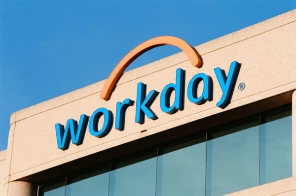 Фасад здания с логотипом компании Workday на фоне голубого неба.