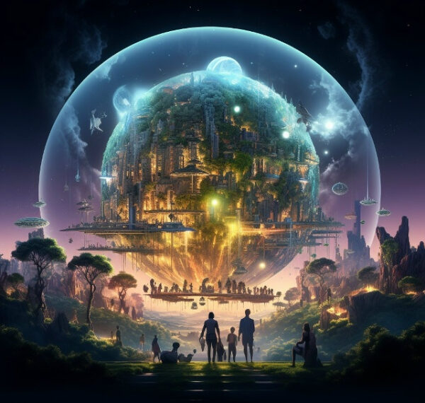 Фантастический город в стеклянном шаре с людьми и деревьями на фоне ночного неба.