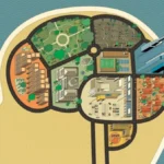 Схематичное изображение города в форме человеческой головы на берегу моря.