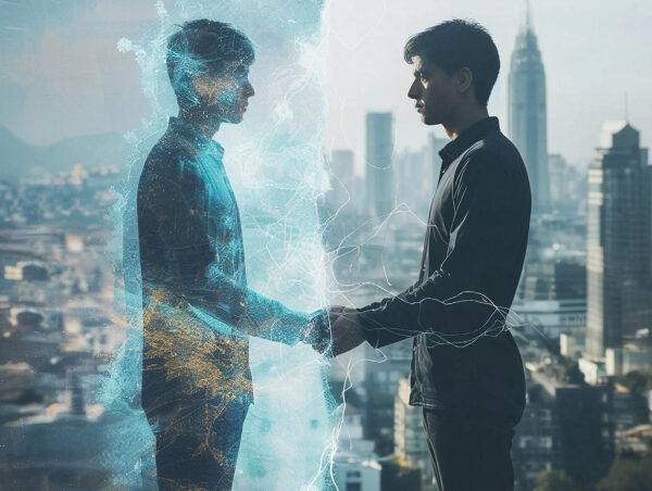 Двое мужчин за стеклом в городе, отражение, электронные эффекты.