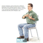 Человек в джинсах и рубашке сидит на стуле, держась за грудь, симптомы панической атаки.