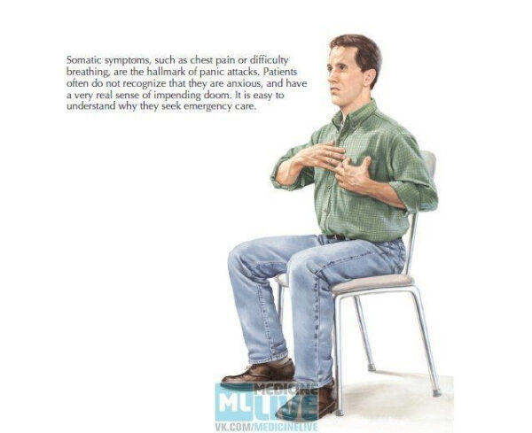 Человек в джинсах и рубашке сидит на стуле, держась за грудь, симптомы панической атаки.