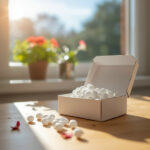 Открытая коробка с белыми шарами на столе возле окна, солнечное освещение.