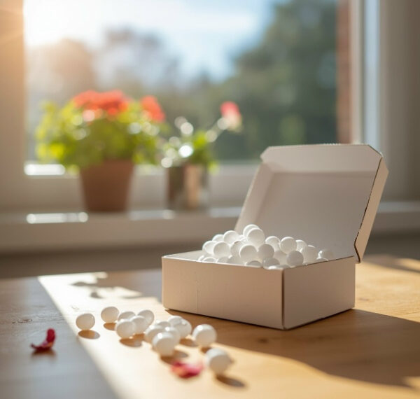 Открытая коробка с белыми шарами на столе возле окна, солнечное освещение.