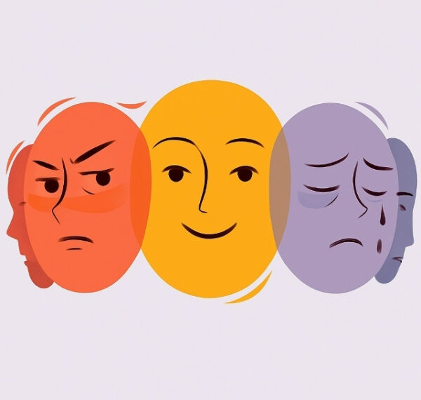 Три лица с разными эмоциями: злость, радость, грусть, на белом фоне.