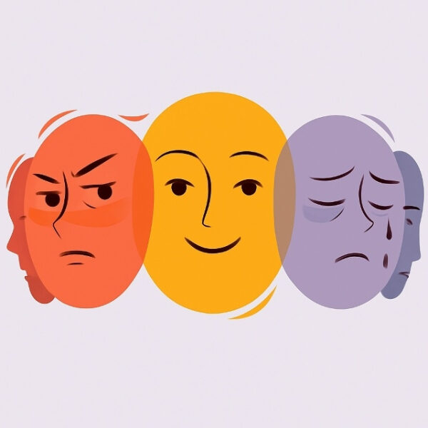 Три лица с разными эмоциями: злость, радость, грусть, на белом фоне.