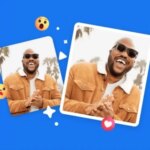 Изображение с реакциями Facebook и двумя фотографиями в коричневой куртке на синем фоне.