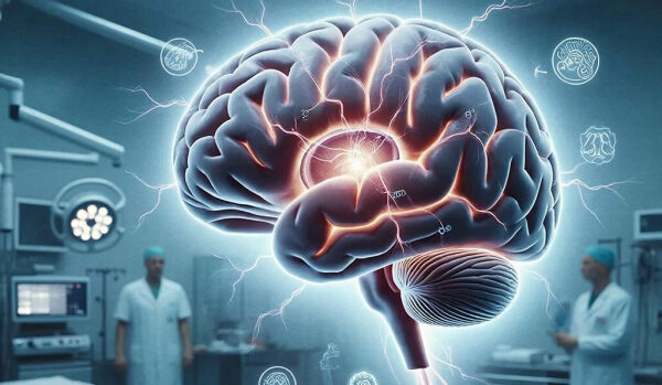 Изображение человеческого мозга с электрическими импульсами в медицинской лаборатории.